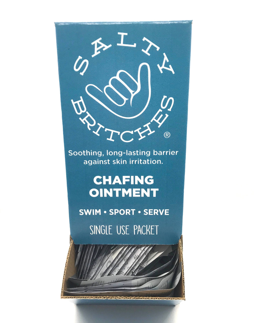 Salty Britches Chafing Ointment Single Use Pack Plus Display